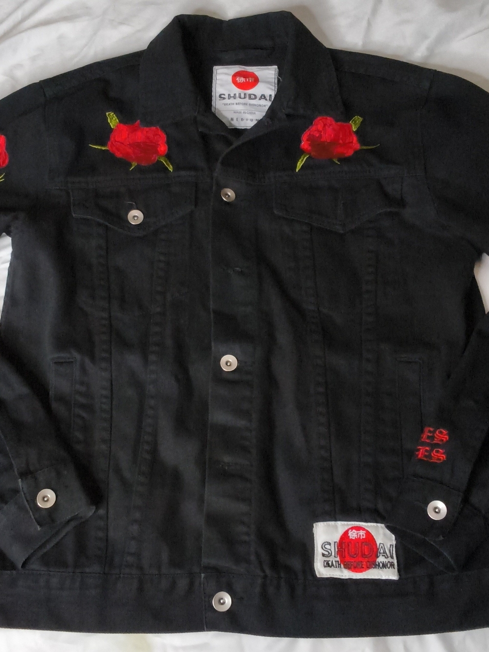 Black Embroidered Rose Denim Jacket